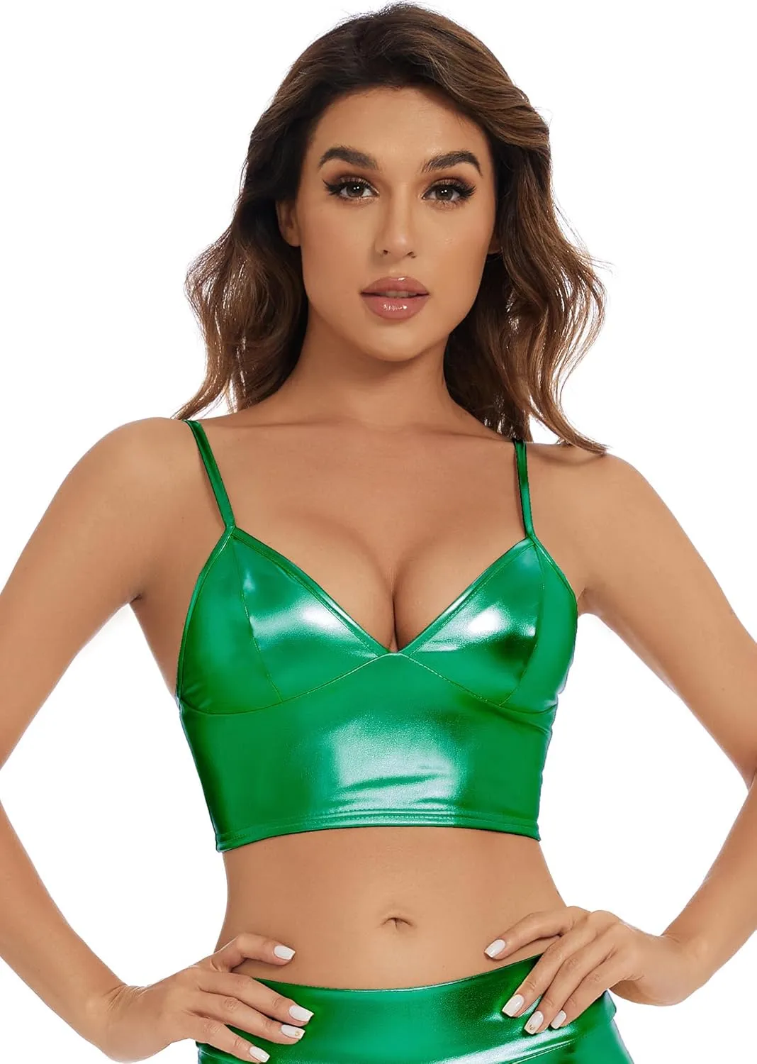 Women's Metallic Crop Tops Shiny V-Neck Tube Bra for Dancing, Raves, Festivals, Costumes