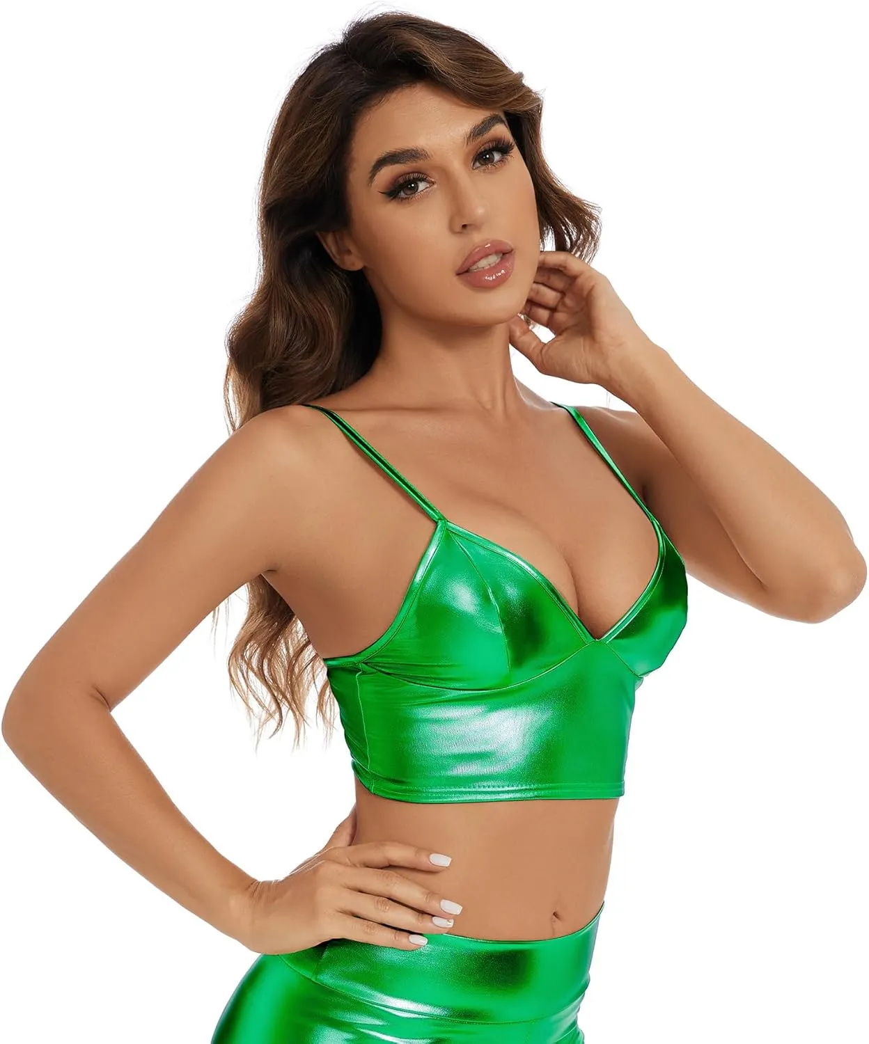 Women's Metallic Crop Tops Shiny V-Neck Tube Bra for Dancing, Raves, Festivals, Costumes