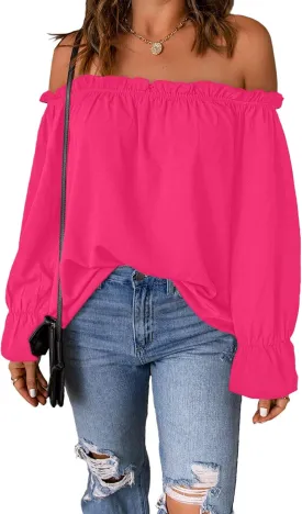 Women's Off Shoulder Top Ruffle Long Sleeve Chiffon Blouse Casual Loose Shirts