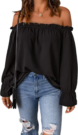Women's Off Shoulder Top Ruffle Long Sleeve Chiffon Blouse Casual Loose Shirts