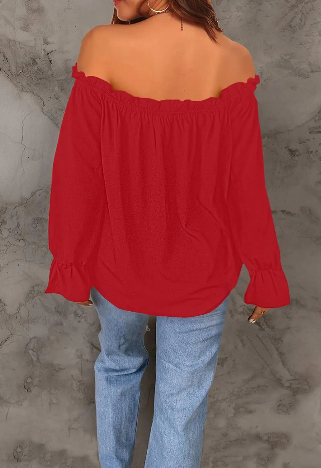 Women's Off Shoulder Top Ruffle Long Sleeve Chiffon Blouse Casual Loose Shirts