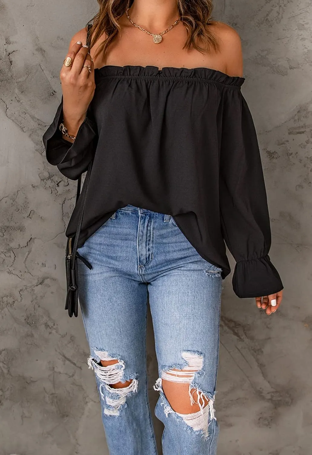 Women's Off Shoulder Top Ruffle Long Sleeve Chiffon Blouse Casual Loose Shirts