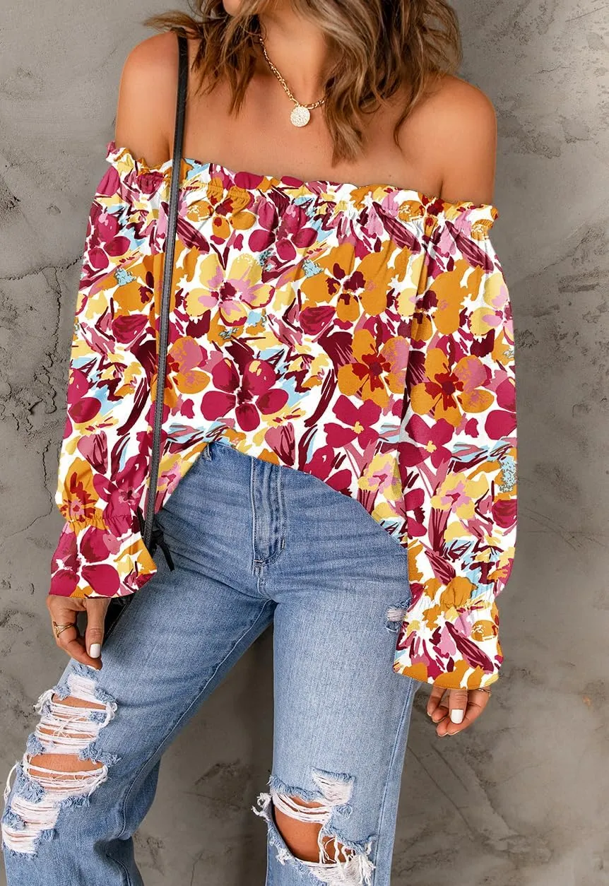 Women's Off Shoulder Top Ruffle Long Sleeve Chiffon Blouse Casual Loose Shirts