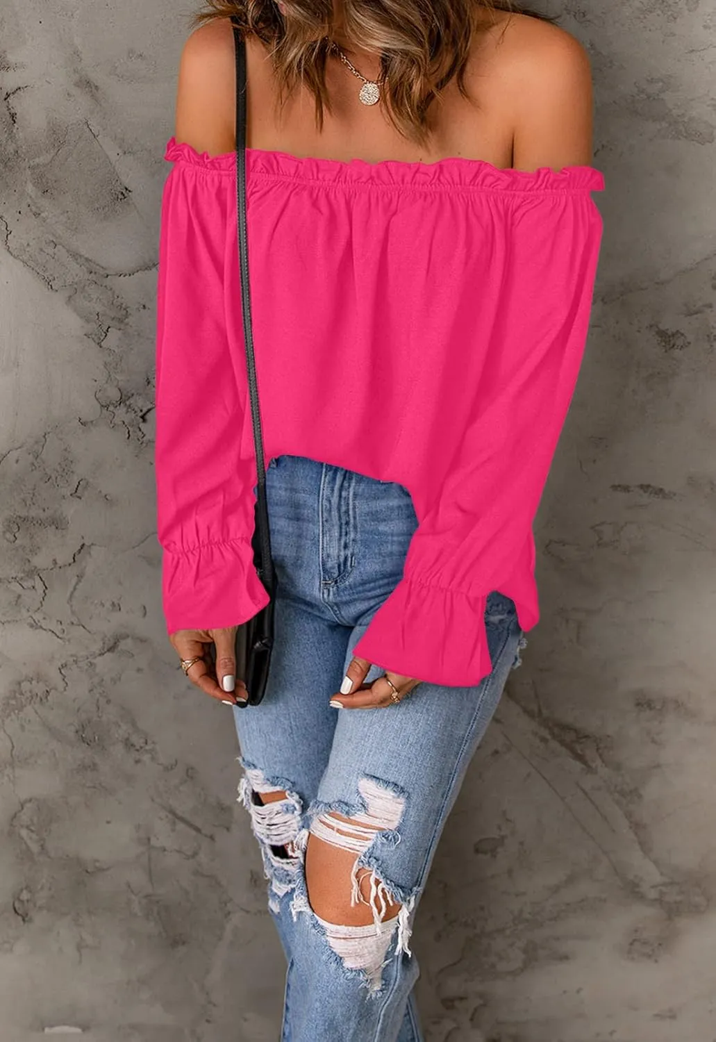 Women's Off Shoulder Top Ruffle Long Sleeve Chiffon Blouse Casual Loose Shirts