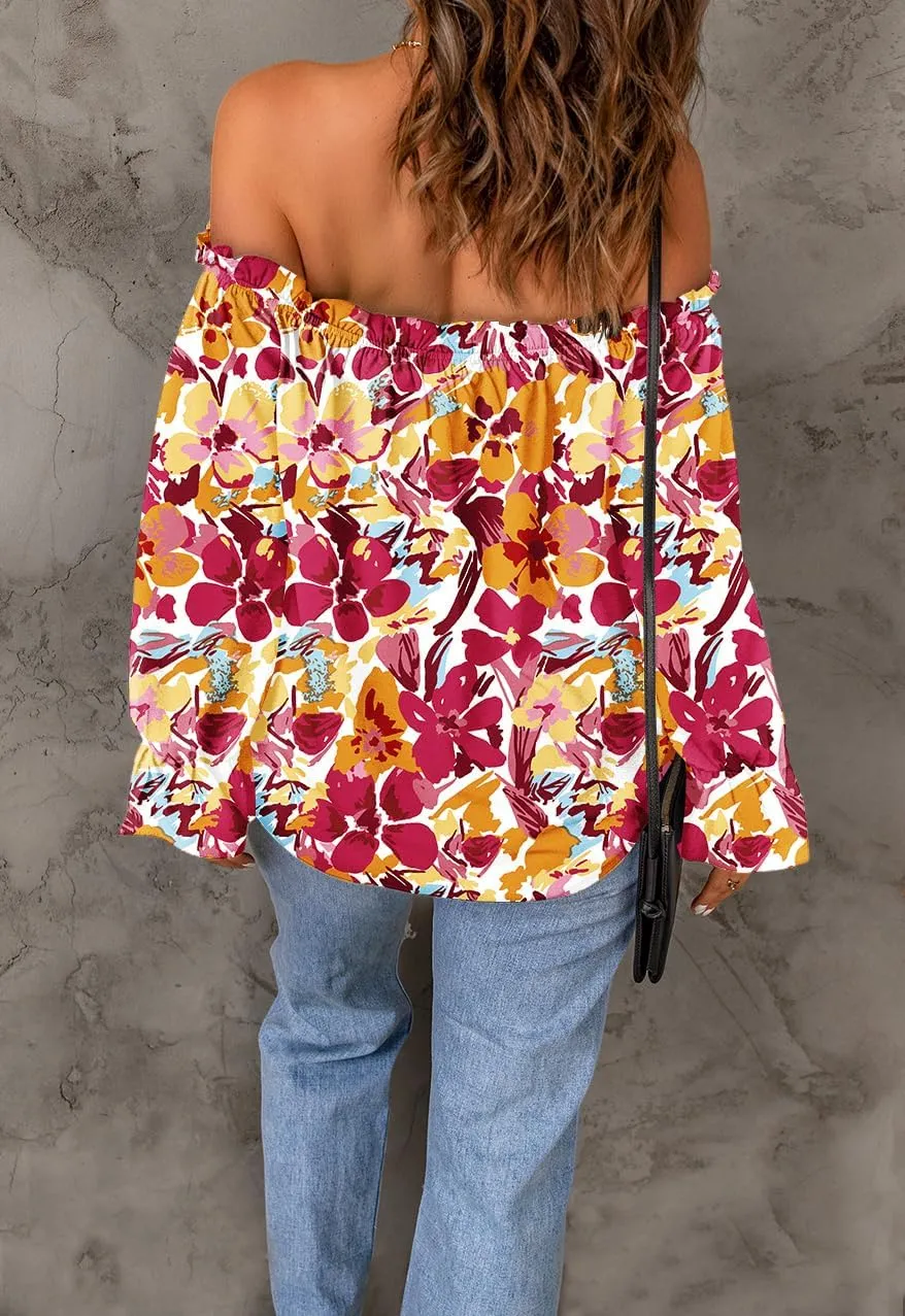 Women's Off Shoulder Top Ruffle Long Sleeve Chiffon Blouse Casual Loose Shirts