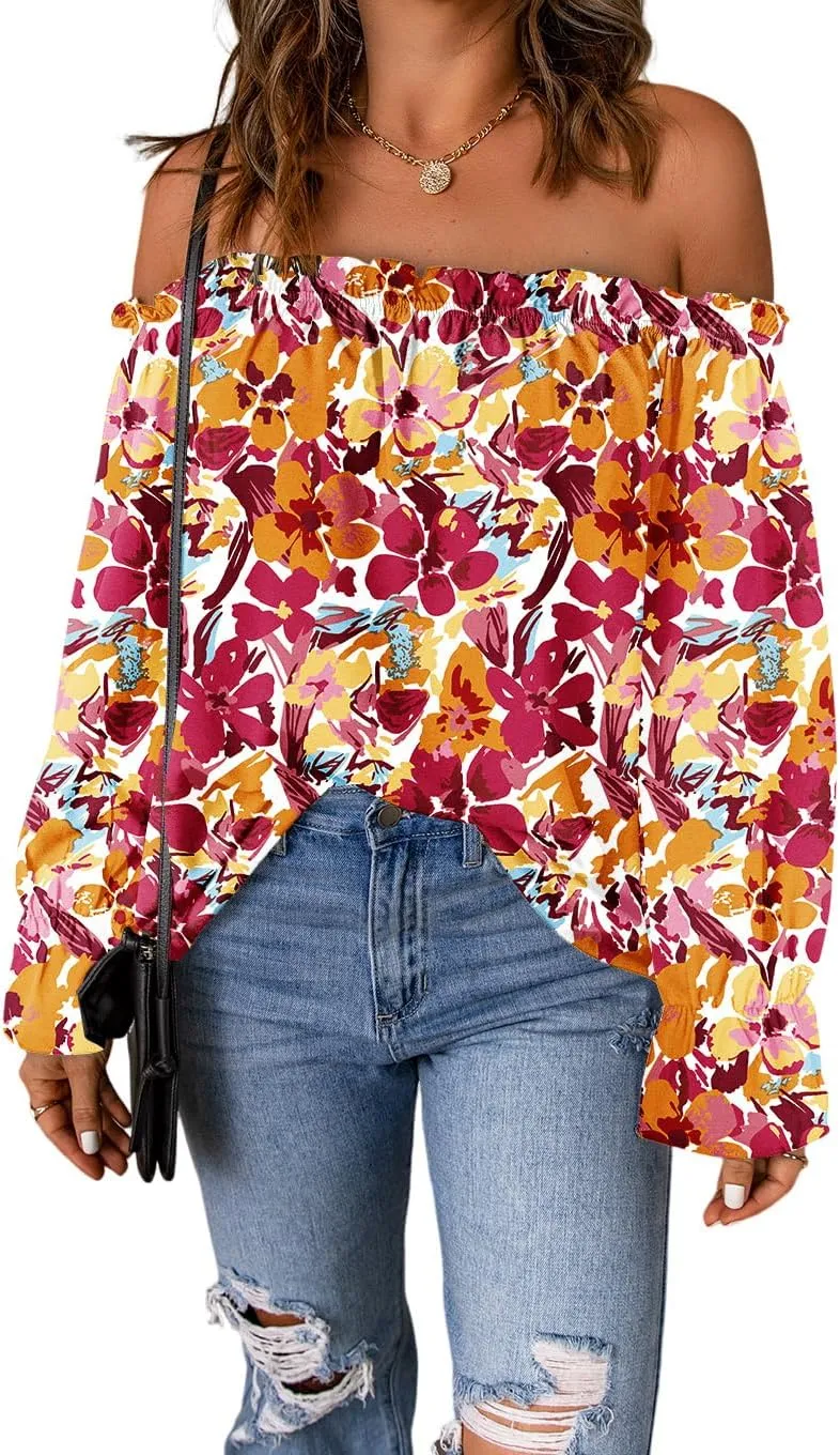 Women's Off Shoulder Top Ruffle Long Sleeve Chiffon Blouse Casual Loose Shirts