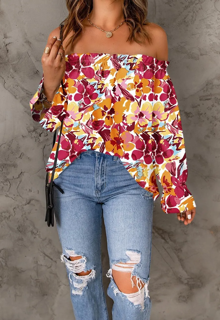 Women's Off Shoulder Top Ruffle Long Sleeve Chiffon Blouse Casual Loose Shirts