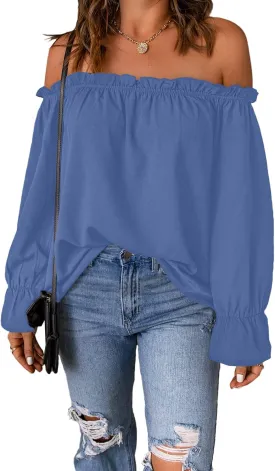 Women's Off Shoulder Top Ruffle Long Sleeve Chiffon Blouse Casual Loose Shirts