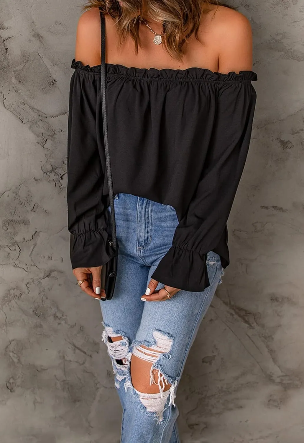 Women's Off Shoulder Top Ruffle Long Sleeve Chiffon Blouse Casual Loose Shirts