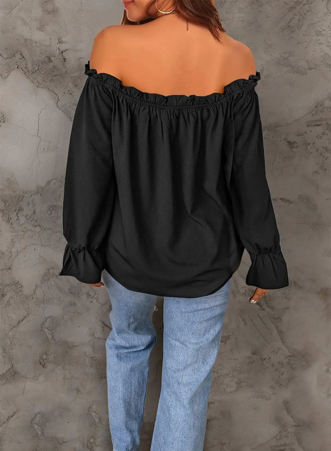 Women's Off Shoulder Top Ruffle Long Sleeve Chiffon Blouse Casual Loose Shirts
