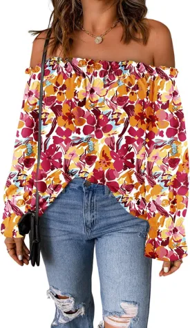 Women's Off Shoulder Top Ruffle Long Sleeve Chiffon Blouse Casual Loose Shirts