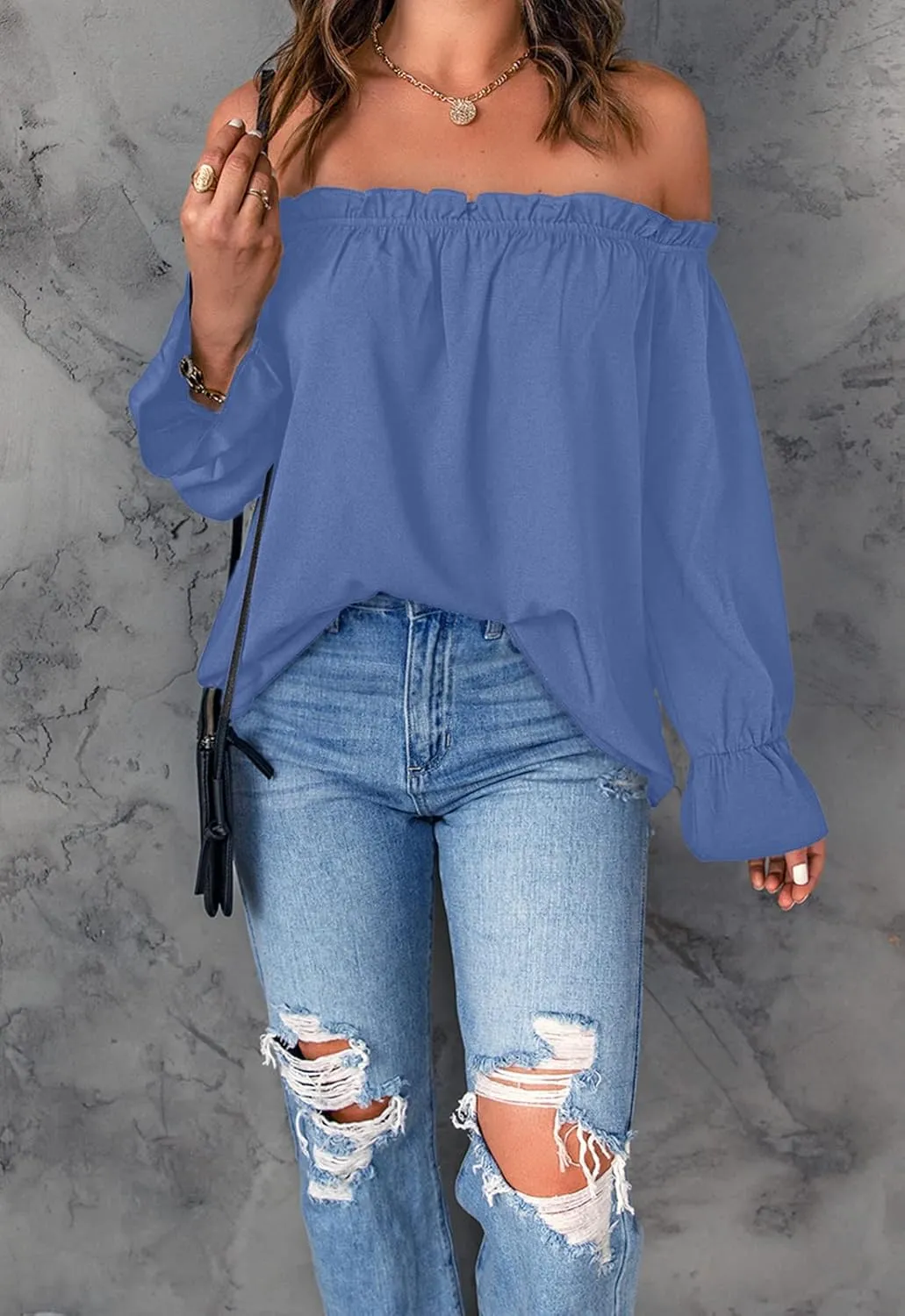 Women's Off Shoulder Top Ruffle Long Sleeve Chiffon Blouse Casual Loose Shirts
