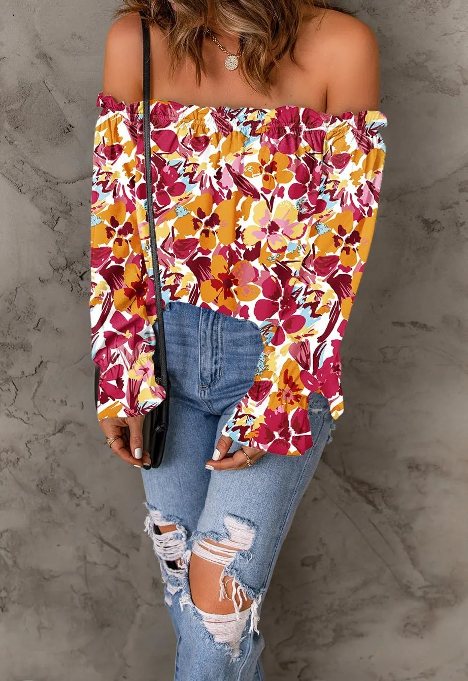 Women's Off Shoulder Top Ruffle Long Sleeve Chiffon Blouse Casual Loose Shirts