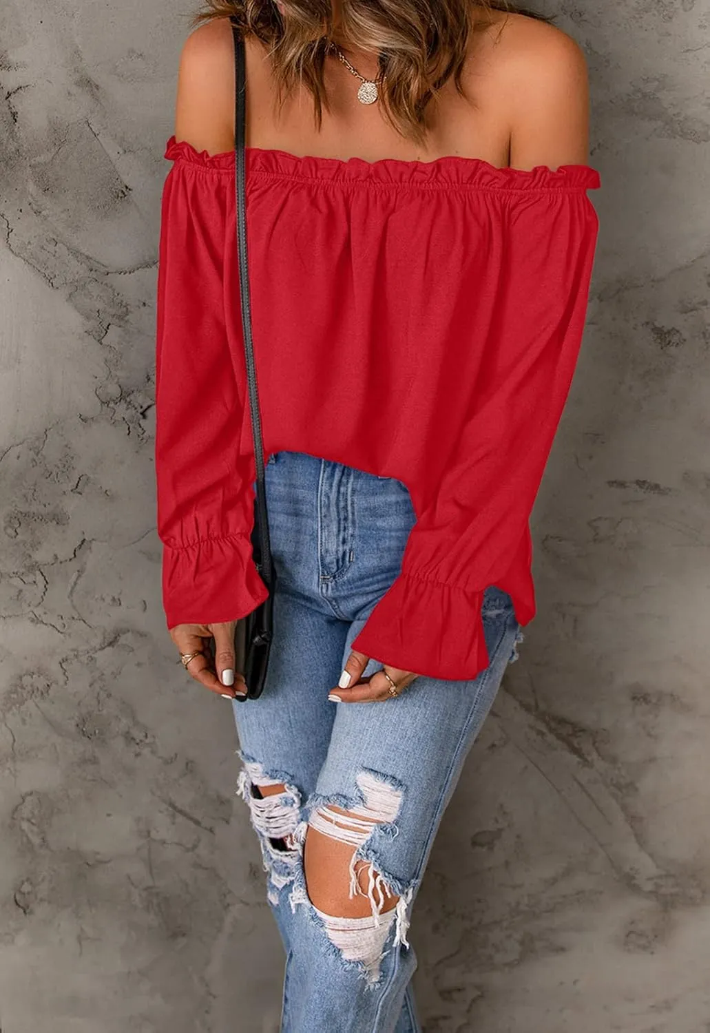 Women's Off Shoulder Top Ruffle Long Sleeve Chiffon Blouse Casual Loose Shirts