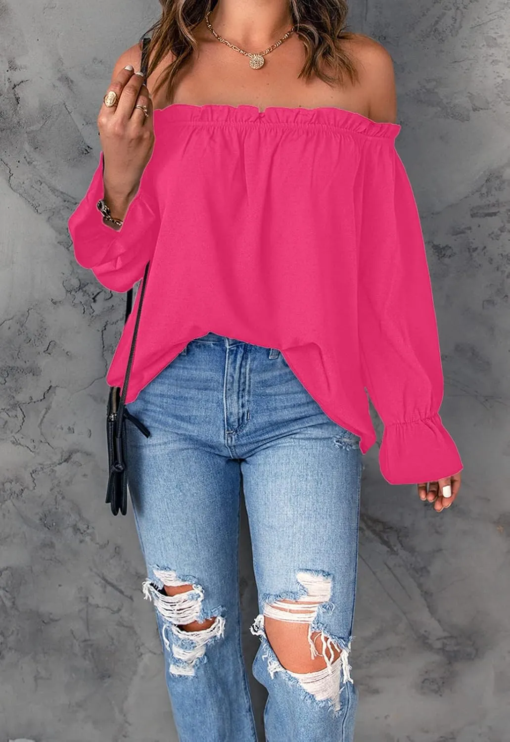 Women's Off Shoulder Top Ruffle Long Sleeve Chiffon Blouse Casual Loose Shirts