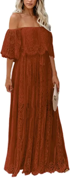 Womens Off The Shoulder Floral Lace Maxi Wedding Dress Boho Flowy Wedding Guest Formal Long Dresses