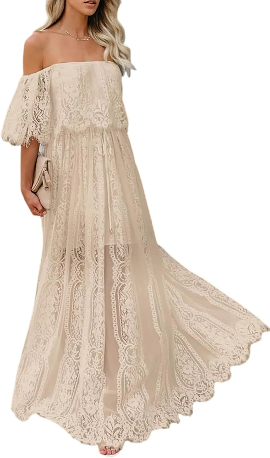 Womens Off The Shoulder Floral Lace Maxi Wedding Dress Boho Flowy Wedding Guest Formal Long Dresses