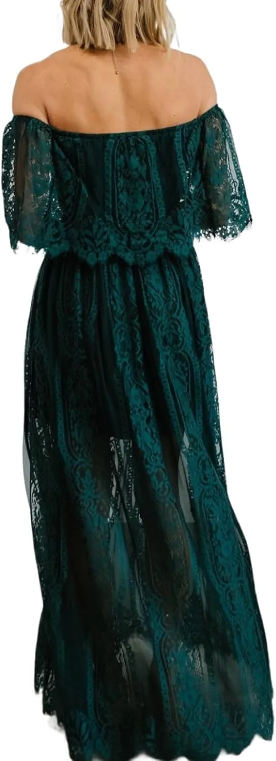 Womens Off The Shoulder Floral Lace Maxi Wedding Dress Boho Flowy Wedding Guest Formal Long Dresses