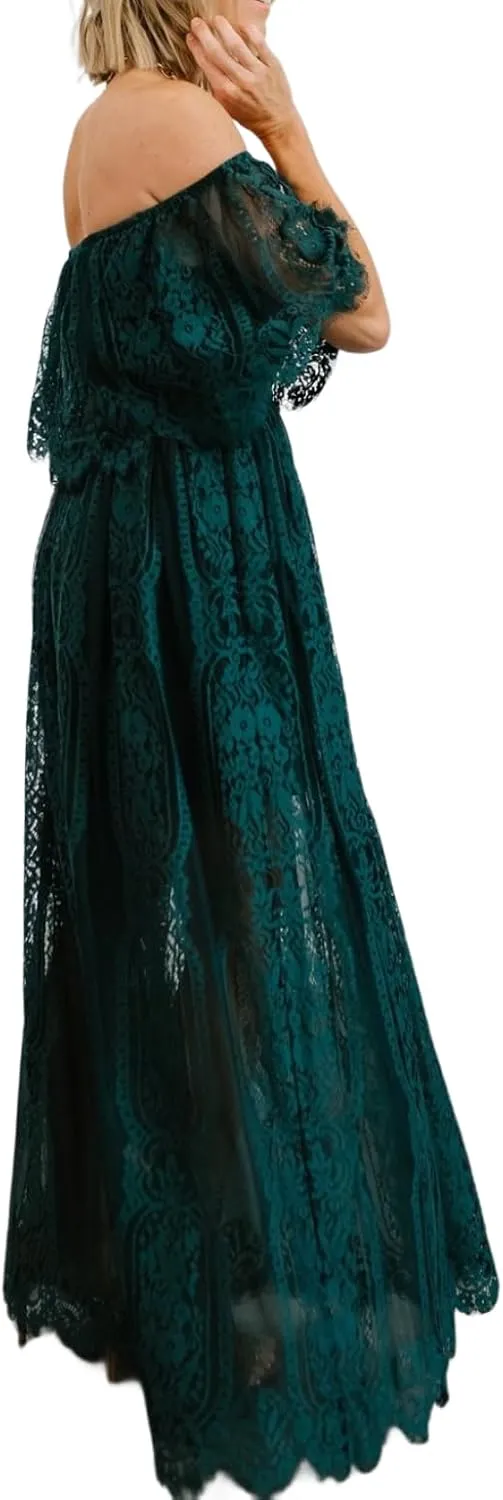 Womens Off The Shoulder Floral Lace Maxi Wedding Dress Boho Flowy Wedding Guest Formal Long Dresses
