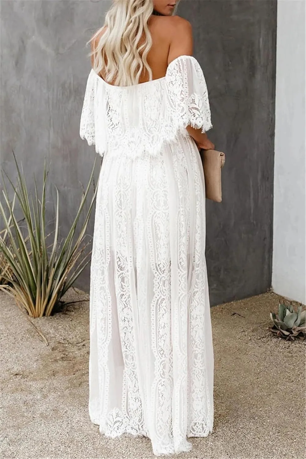 Womens Off The Shoulder Floral Lace Maxi Wedding Dress Boho Flowy Wedding Guest Formal Long Dresses