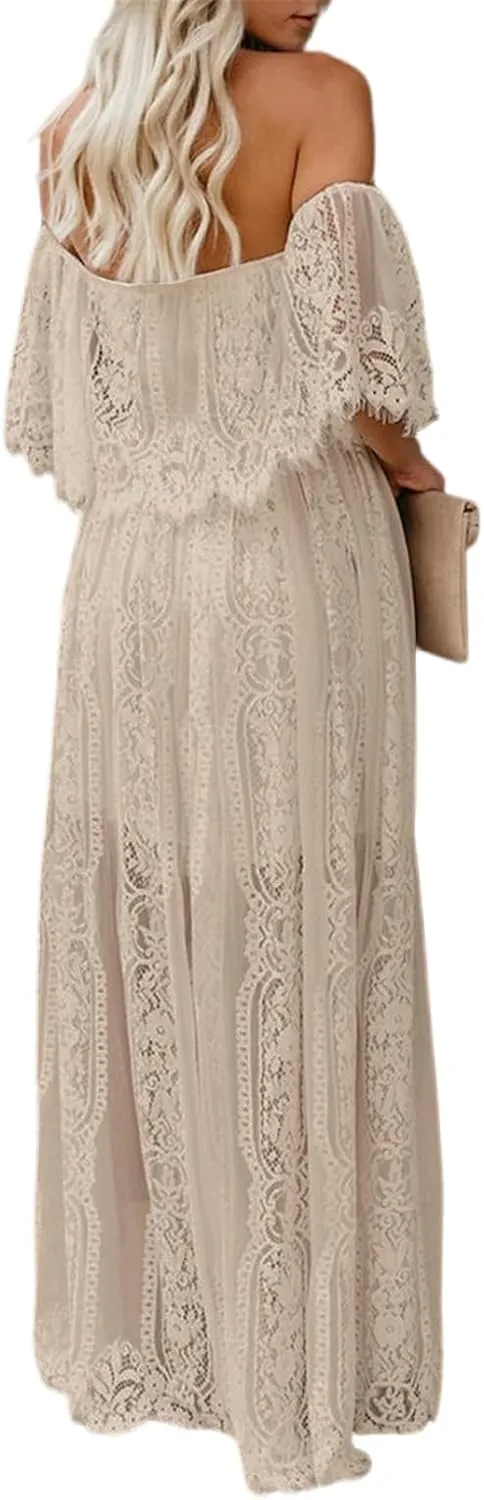 Womens Off The Shoulder Floral Lace Maxi Wedding Dress Boho Flowy Wedding Guest Formal Long Dresses