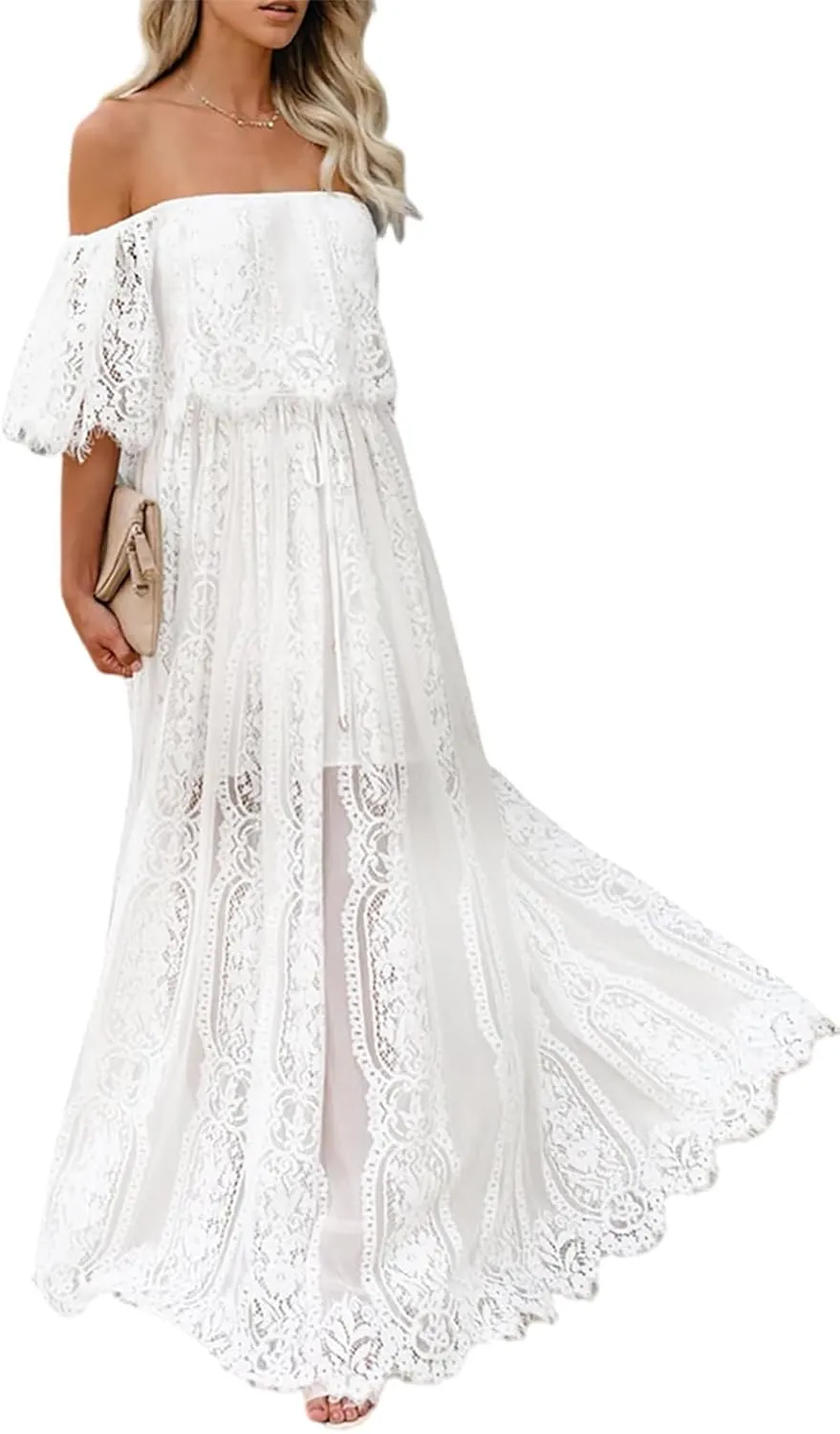 Womens Off The Shoulder Floral Lace Maxi Wedding Dress Boho Flowy Wedding Guest Formal Long Dresses