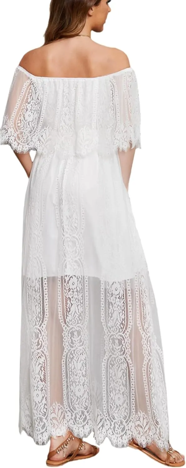 Womens Off The Shoulder Floral Lace Maxi Wedding Dress Boho Flowy Wedding Guest Formal Long Dresses