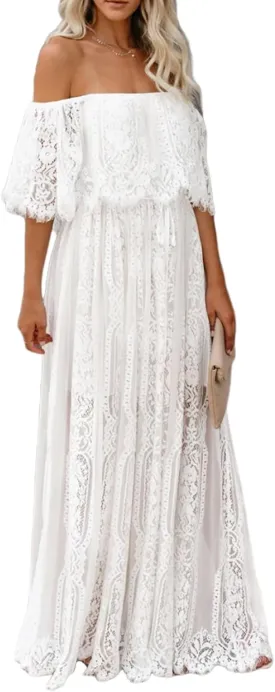 Womens Off The Shoulder Floral Lace Maxi Wedding Dress Boho Flowy Wedding Guest Formal Long Dresses