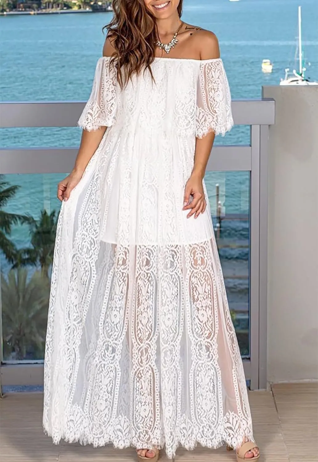 Womens Off The Shoulder Floral Lace Maxi Wedding Dress Boho Flowy Wedding Guest Formal Long Dresses