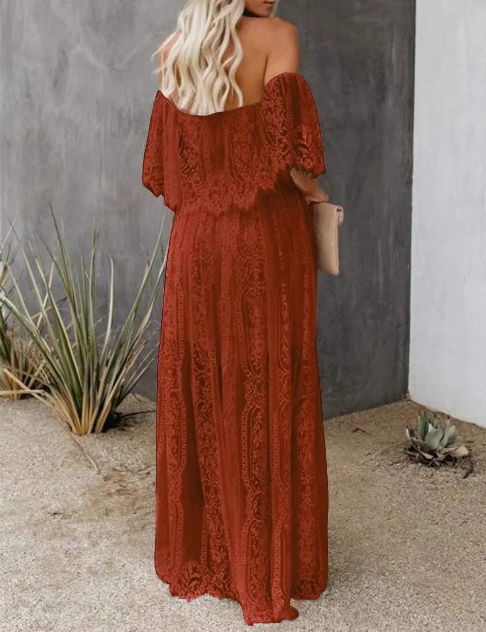 Womens Off The Shoulder Floral Lace Maxi Wedding Dress Boho Flowy Wedding Guest Formal Long Dresses
