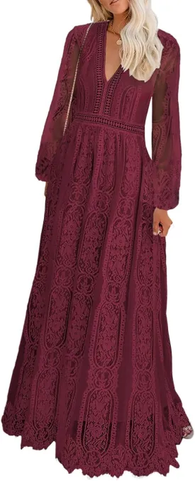 Womens Off The Shoulder Floral Lace Maxi Wedding Dress Boho Flowy Wedding Guest Formal Long Dresses