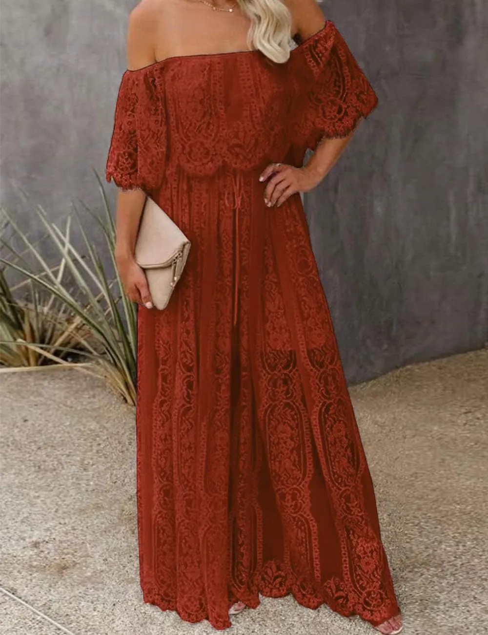 Womens Off The Shoulder Floral Lace Maxi Wedding Dress Boho Flowy Wedding Guest Formal Long Dresses