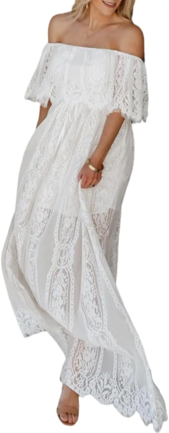 Womens Off The Shoulder Floral Lace Maxi Wedding Dress Boho Flowy Wedding Guest Formal Long Dresses