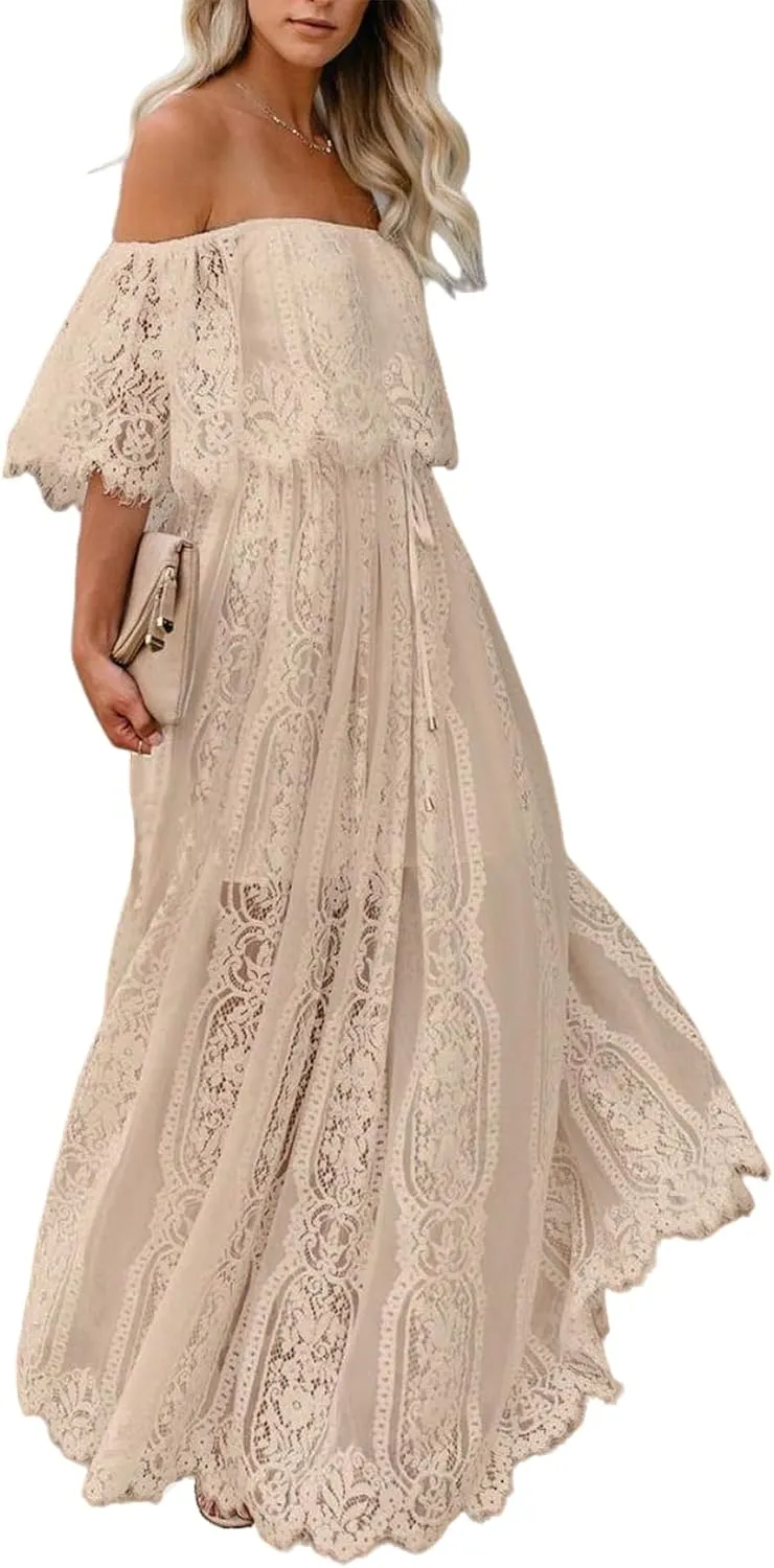 Womens Off The Shoulder Floral Lace Maxi Wedding Dress Boho Flowy Wedding Guest Formal Long Dresses