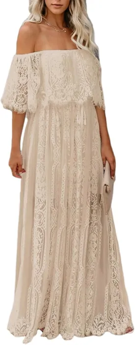 Womens Off The Shoulder Floral Lace Maxi Wedding Dress Boho Flowy Wedding Guest Formal Long Dresses