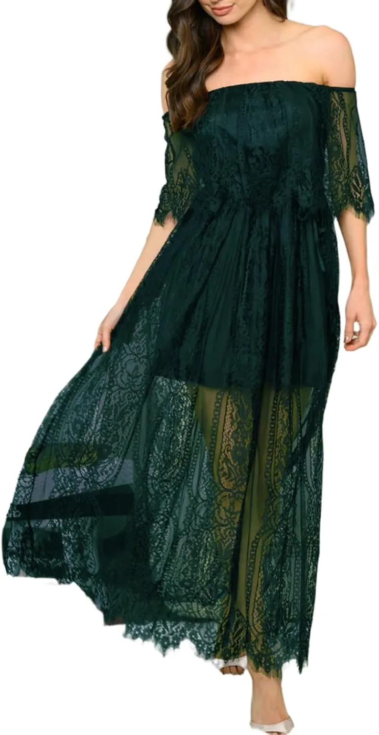 Womens Off The Shoulder Floral Lace Maxi Wedding Dress Boho Flowy Wedding Guest Formal Long Dresses
