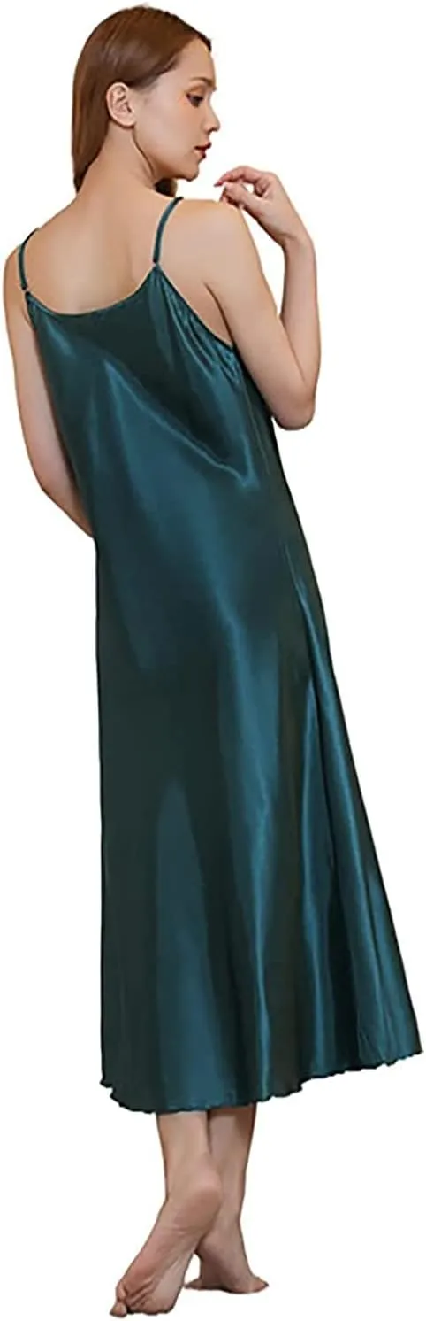 Womens Satin Nightgown Long Slip Sleep Dress Silk V Neck Nightgowns