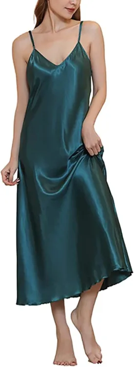 Womens Satin Nightgown Long Slip Sleep Dress Silk V Neck Nightgowns