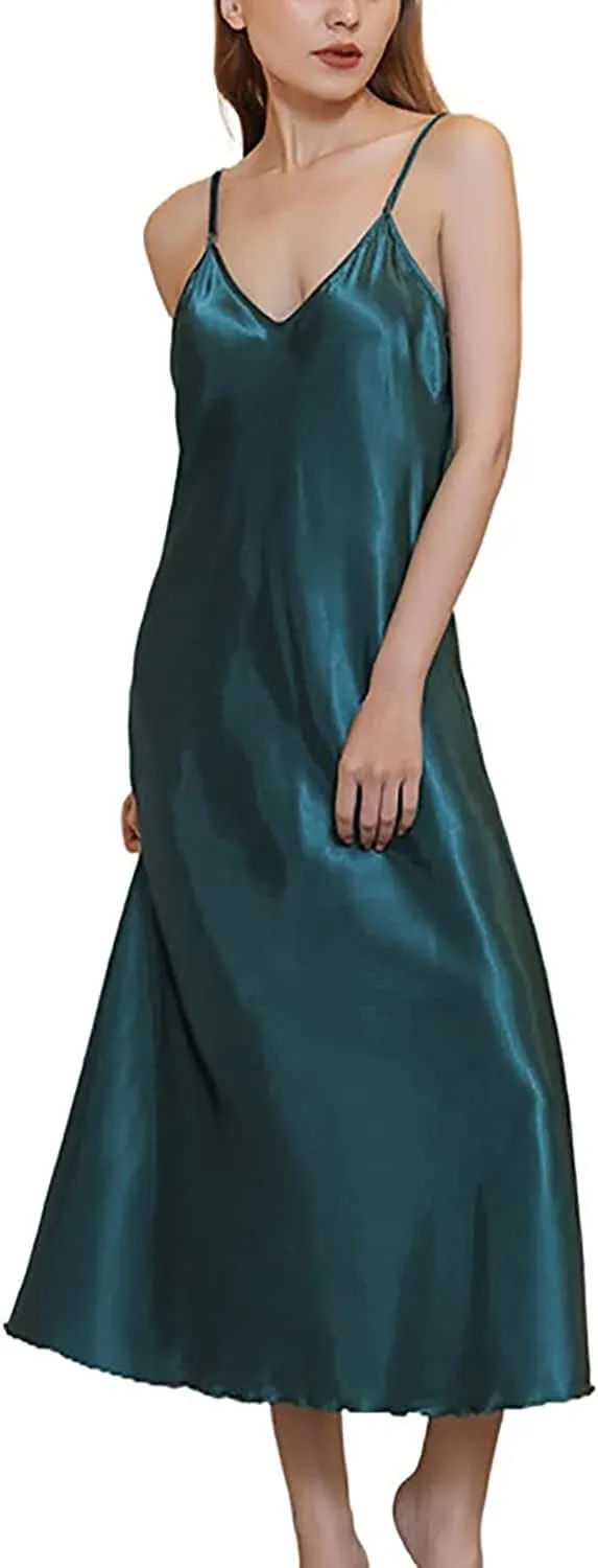 Womens Satin Nightgown Long Slip Sleep Dress Silk V Neck Nightgowns