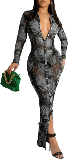 Women's Sheer Mesh Long Sleeve Bodycon Midi Dress Club Night Out Dresses Beach Cover Up Dress