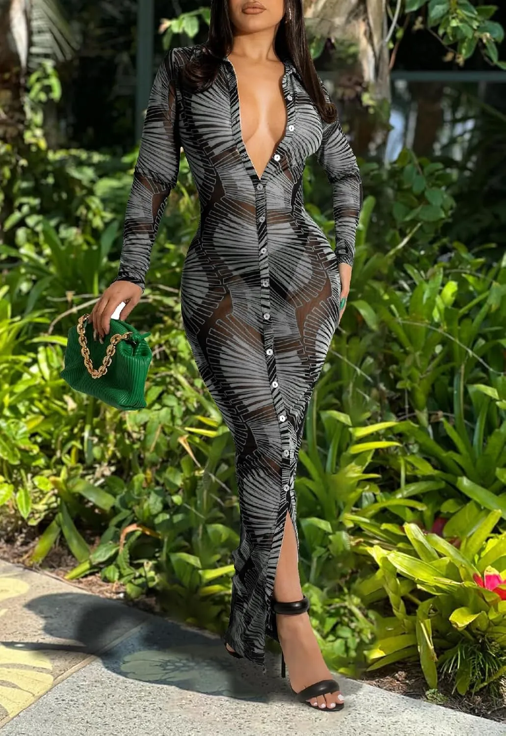 Women's Sheer Mesh Long Sleeve Bodycon Midi Dress Club Night Out Dresses Beach Cover Up Dress