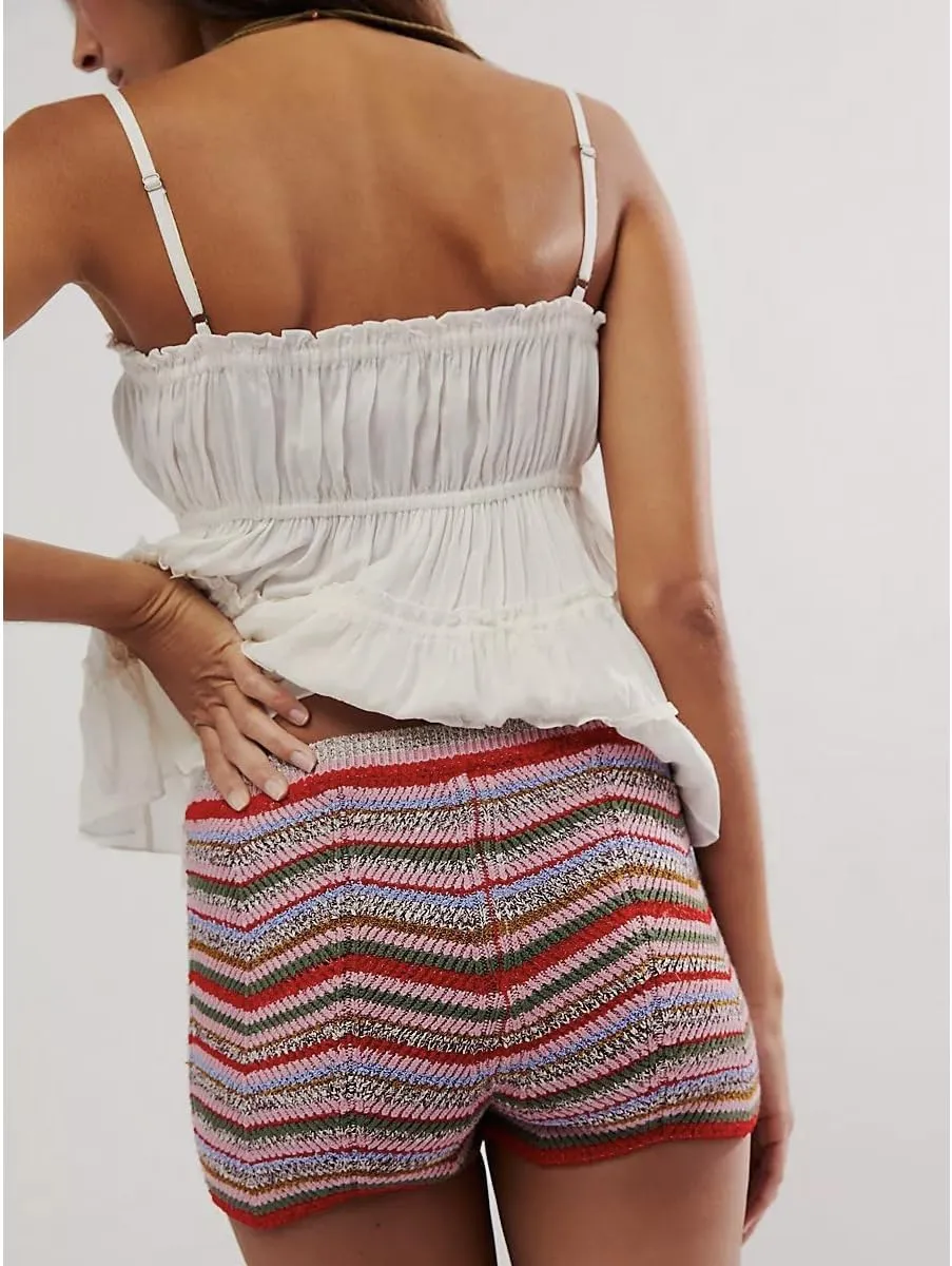 Women's Striped Boxer Shorts Y2K Knit Low Rise Mini Short Lounge Elastic Rainbow Color Block Slim Fit Sweater Shorts