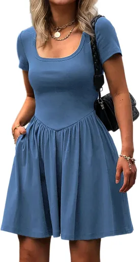 Women's Summer Casual Short Sleeve Mini Dress Square Neck A Line Pleated Swing Dresses Basic Short Dress with Pockets