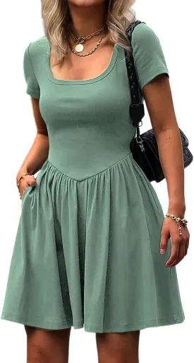 Women's Summer Casual Short Sleeve Mini Dress Square Neck A Line Pleated Swing Dresses Basic Short Dress with Pockets