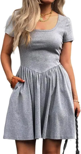 Women's Summer Casual Short Sleeve Mini Dress Square Neck A Line Pleated Swing Dresses Basic Short Dress with Pockets