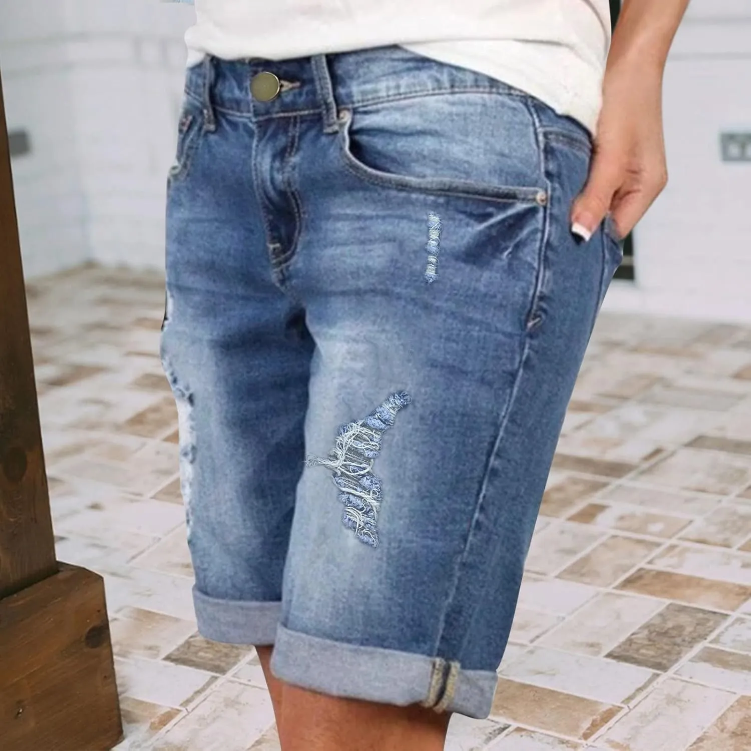 Womens Summer Denim Shorts Trendy High Waist Ripped Distressed Jean Short Stretchy Frayed Raw Hem Casual Jean Shorts