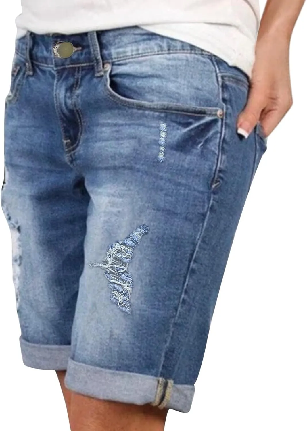 Womens Summer Denim Shorts Trendy High Waist Ripped Distressed Jean Short Stretchy Frayed Raw Hem Casual Jean Shorts