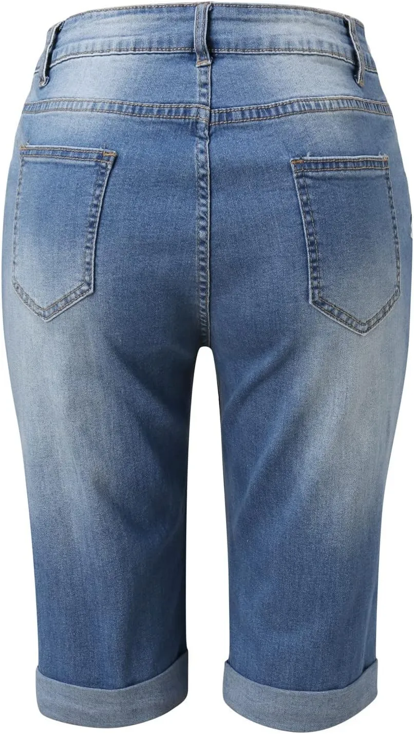 Womens Summer Denim Shorts Trendy High Waist Ripped Distressed Jean Short Stretchy Frayed Raw Hem Casual Jean Shorts