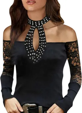Womens Tunic Tops Sexy Criss-Cross Long Sleeve Blouse Lace Cut Out Cold Shoulder Tops Dressy Basic Shirts