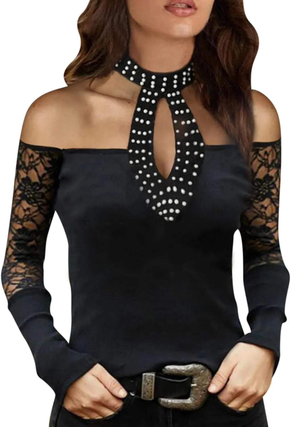 Womens Tunic Tops Sexy Criss-Cross Long Sleeve Blouse Lace Cut Out Cold Shoulder Tops Dressy Basic Shirts